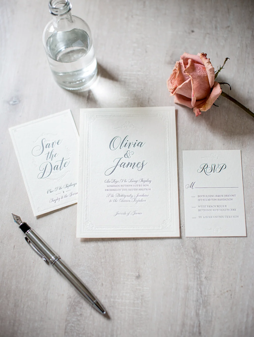 Wedding stationery design flat-lay with tactile paper swatches