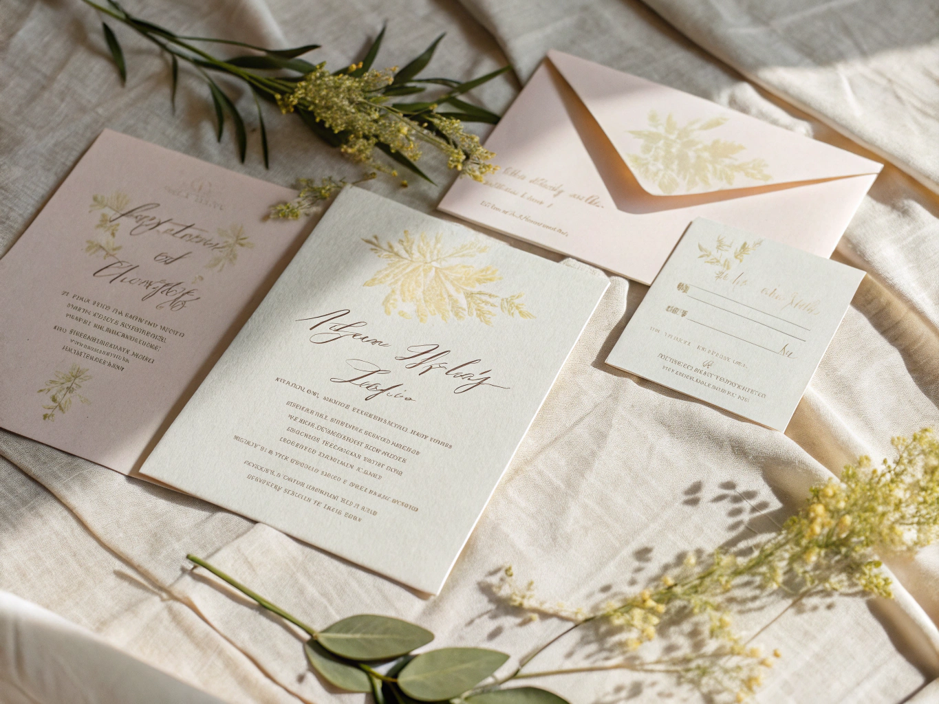 Elegant wedding invitation suite mockup styled with ribbons and botanical sprigs.